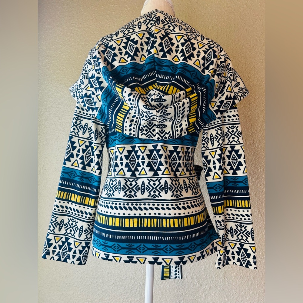 CALS Boho Hooded Wrap Kimono Jacket Geometric Tie Waist Large - Picture 3 of 4